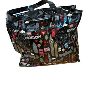 Harrods London Icon Patent Tote - Black with Red & Gold Accents